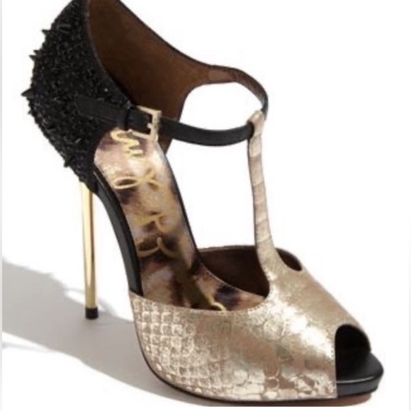 Sam Edelman Heels Women's Size 5.5 Scarlet T-Strap Open Toe Gold Blk Spiked Heel - Picture 2 of 14